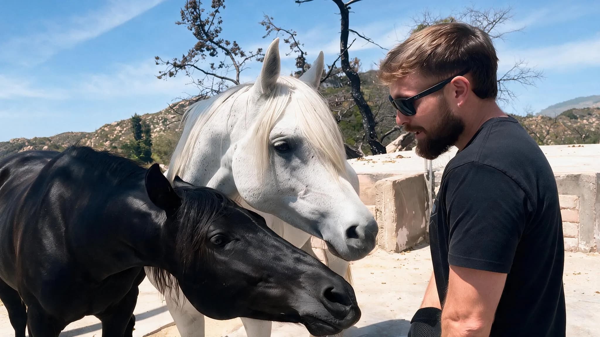 A member of the team standing with two horses